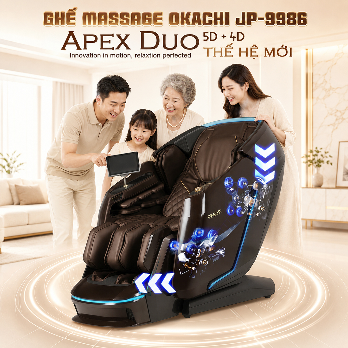 Ghế massage 5D DUAL CORE MASTER OKACHI JP-9986 (Nâu)